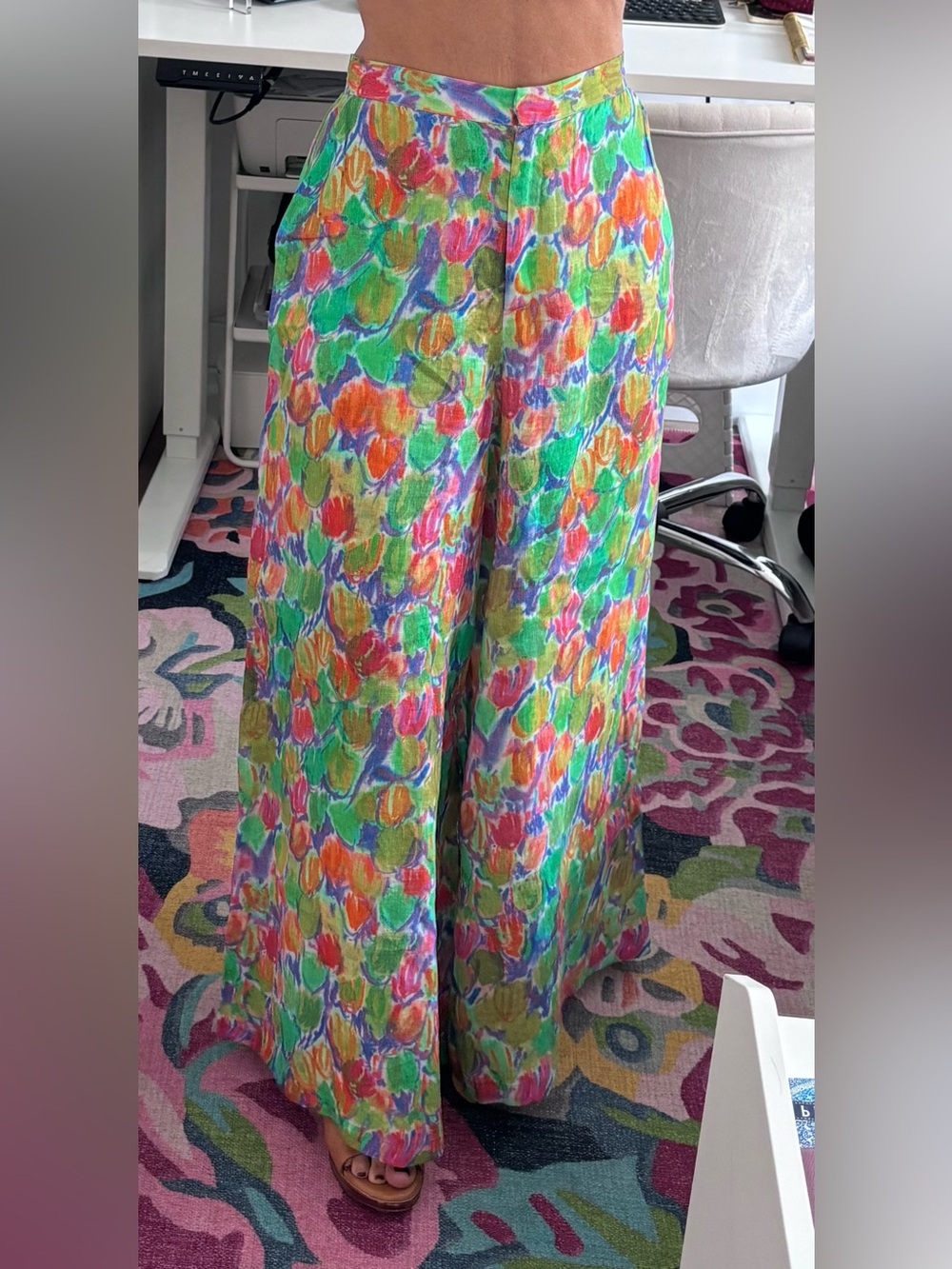 Wide-leg Bright Multicolor Linen Floral Pants